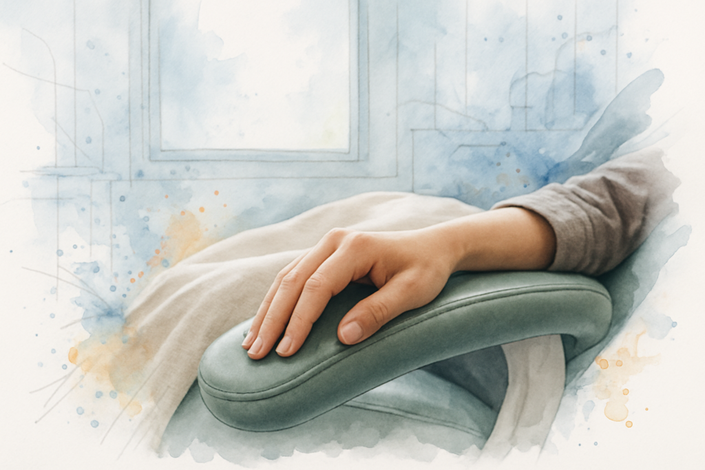Relaxed patient hand resting on dental chair armrest with a blanket, soft light in background