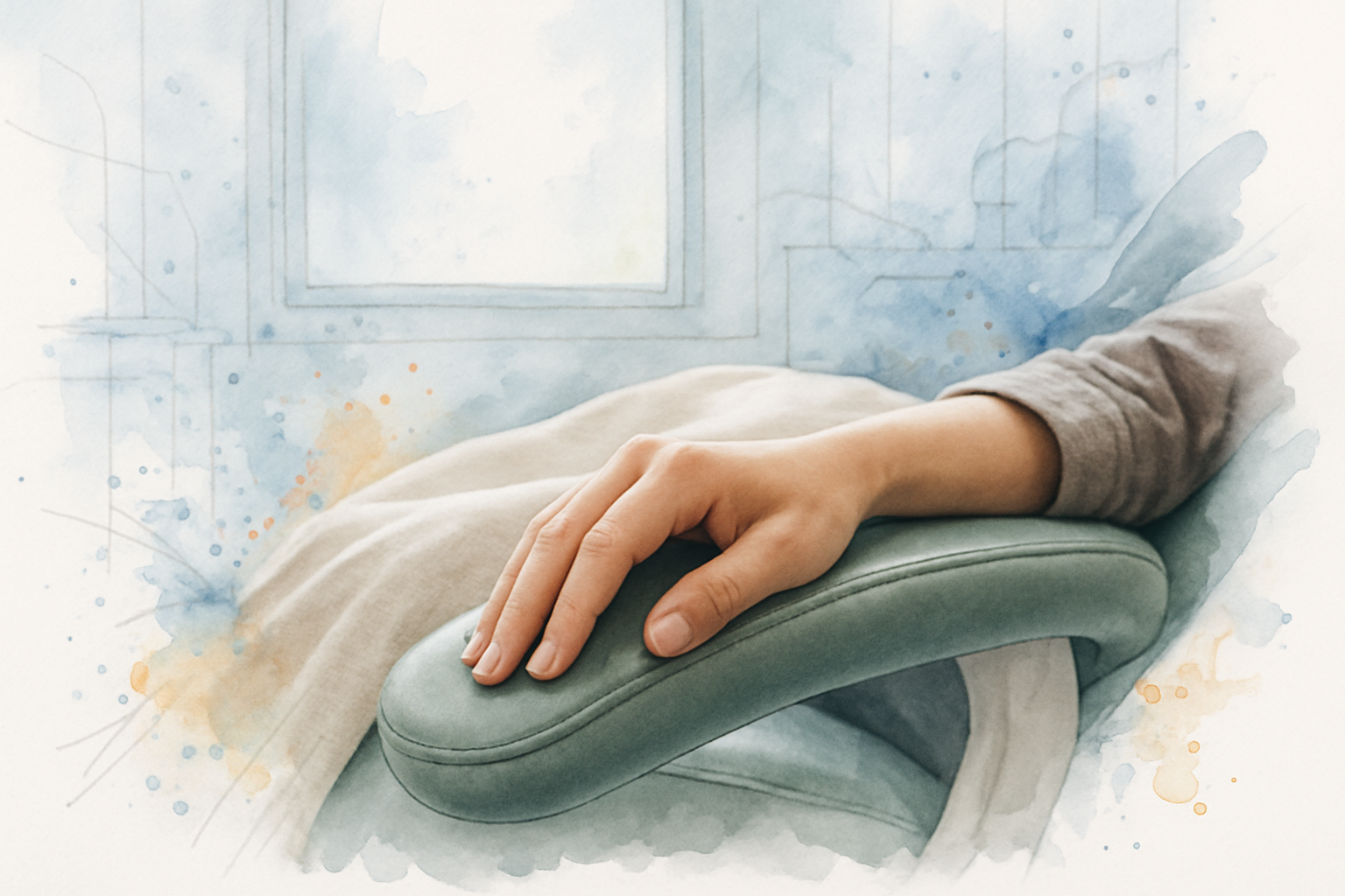 Relaxed patient hand resting on dental chair armrest with a blanket, soft light in background