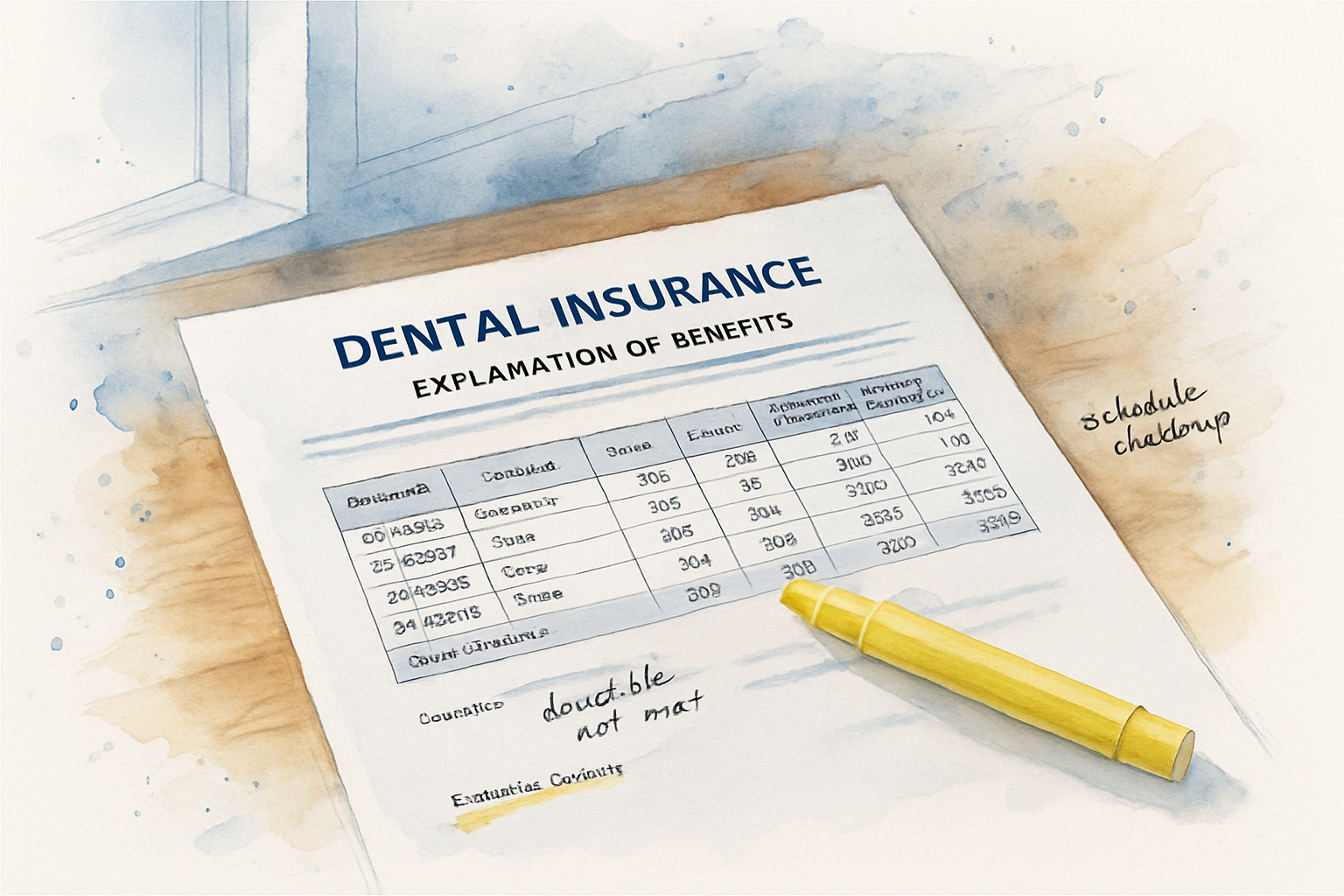 Open dental insurance EOB document with handwritten notes on a wooden desk near a window