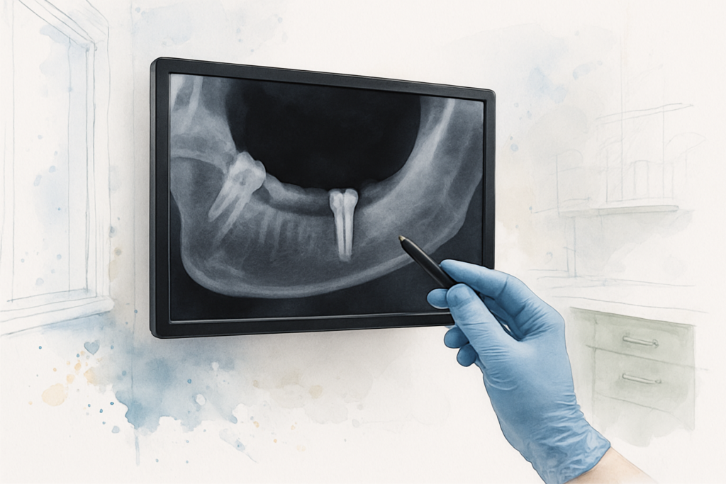3D jaw scan on a monitor showing a narrow ridge where a tooth is missing, used to assess implant candidacy