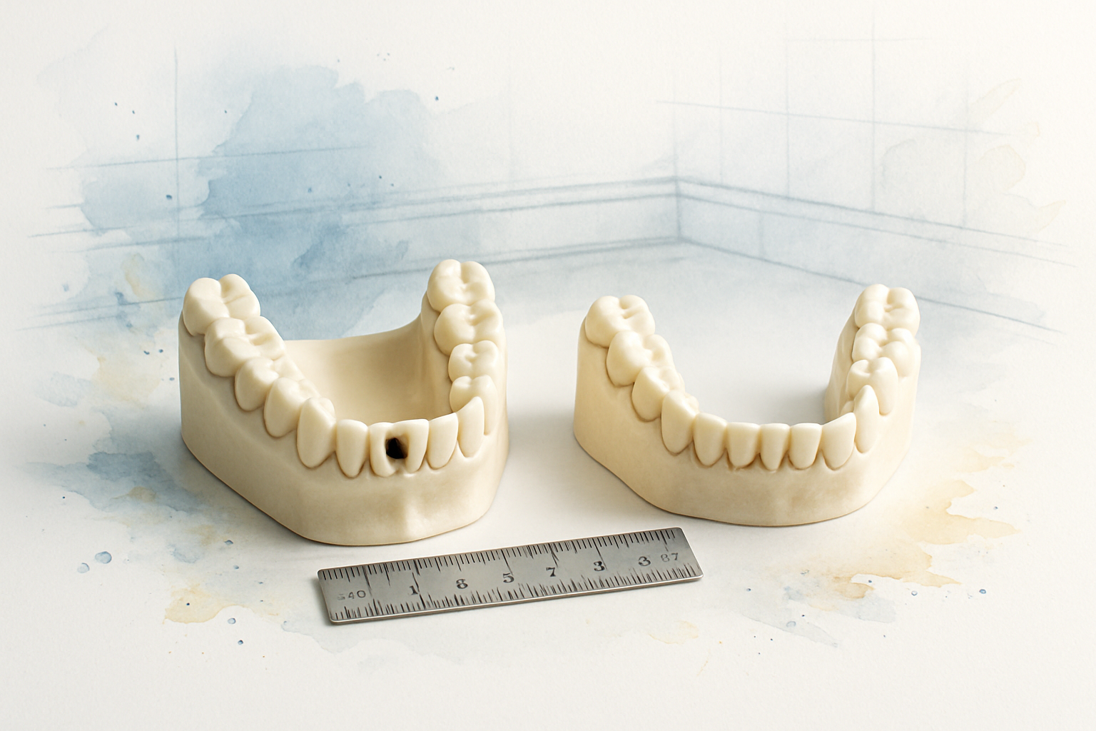 Two jaw models side by side comparing a full ridge with a thinner ridge after long-term tooth loss