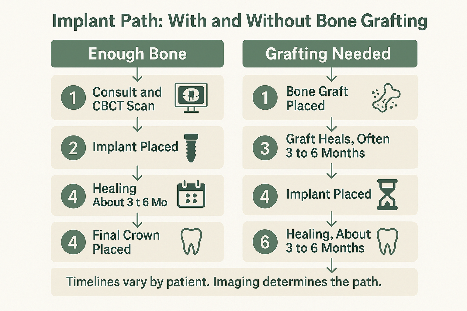 Infographic comparing the implant timeline with and without a bone graft step
