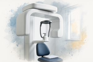 Cone beam 3D dental imaging unit with an empty chin rest, used for implant candidacy evaluation