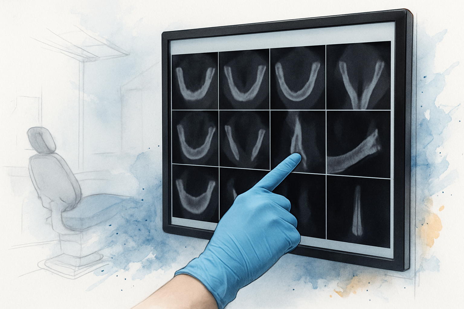 Gloved finger pointing at cross-sectional jawbone slices on a monitor during an implant evaluation