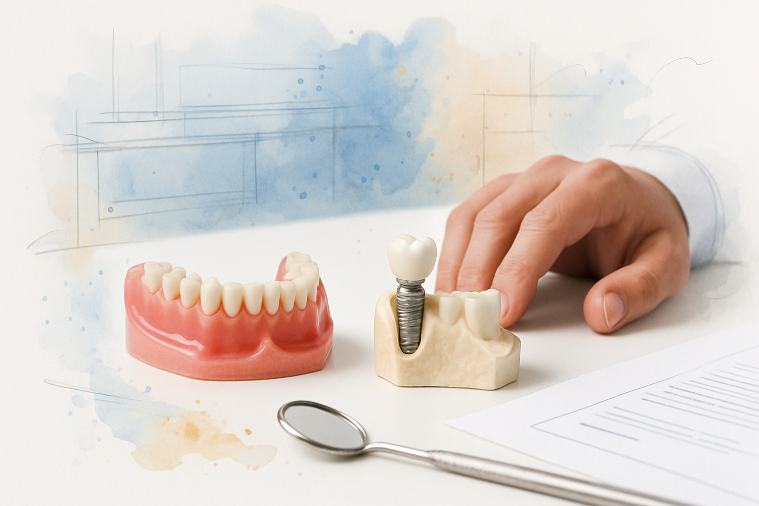 Side-by-side dental models showing a removable denture and a dental implant crown on a jawbone model