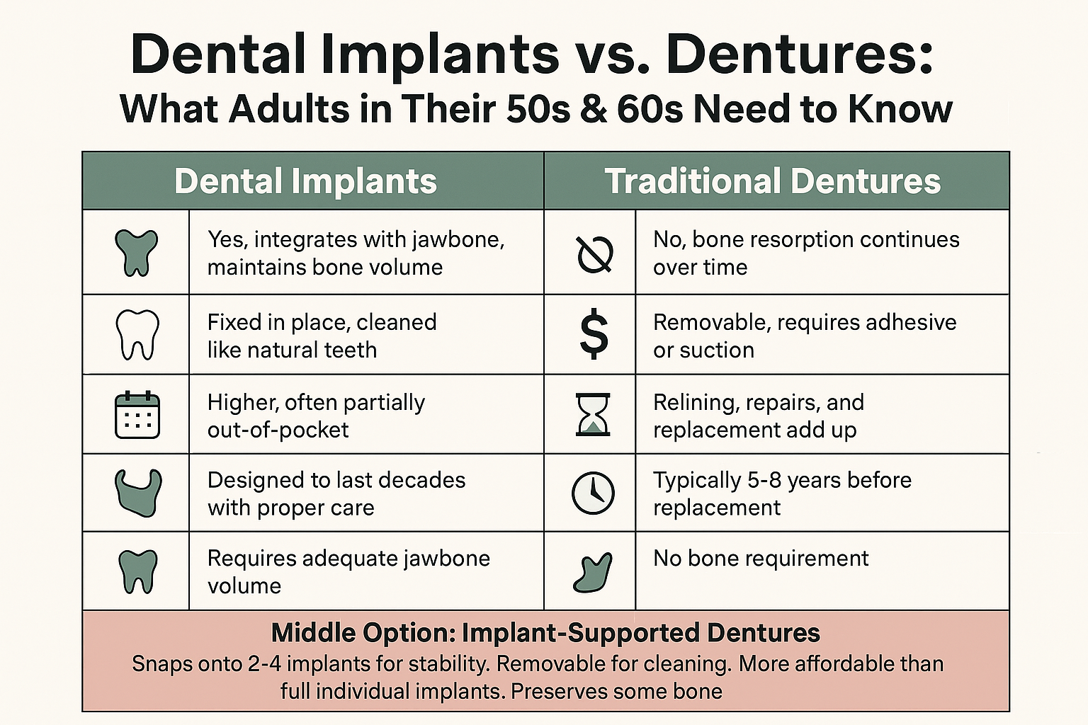 Infographic comparing and dentures across bone preservation, daily function, cost, lifespan, and bone requirements
