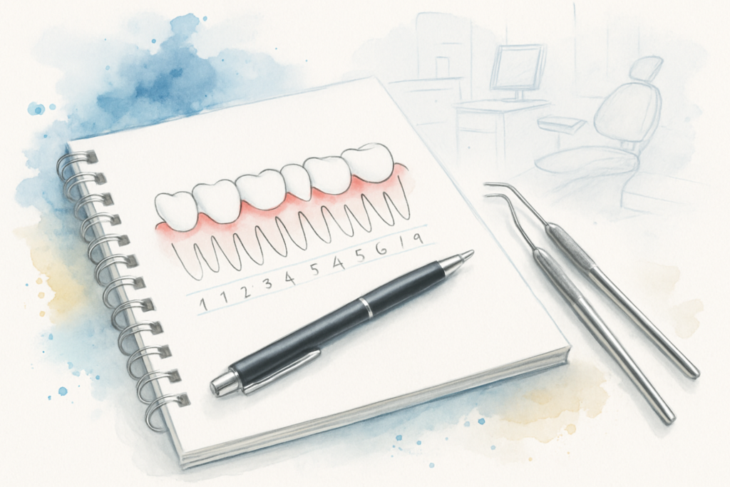Dental chart with gum recession measurements and periodontal probe used to document gum graft necessity