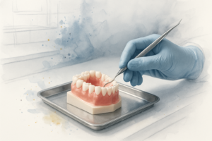 Dental scaler held above a tooth model on a clinical tray, representing scaling and root planing procedure preparation.