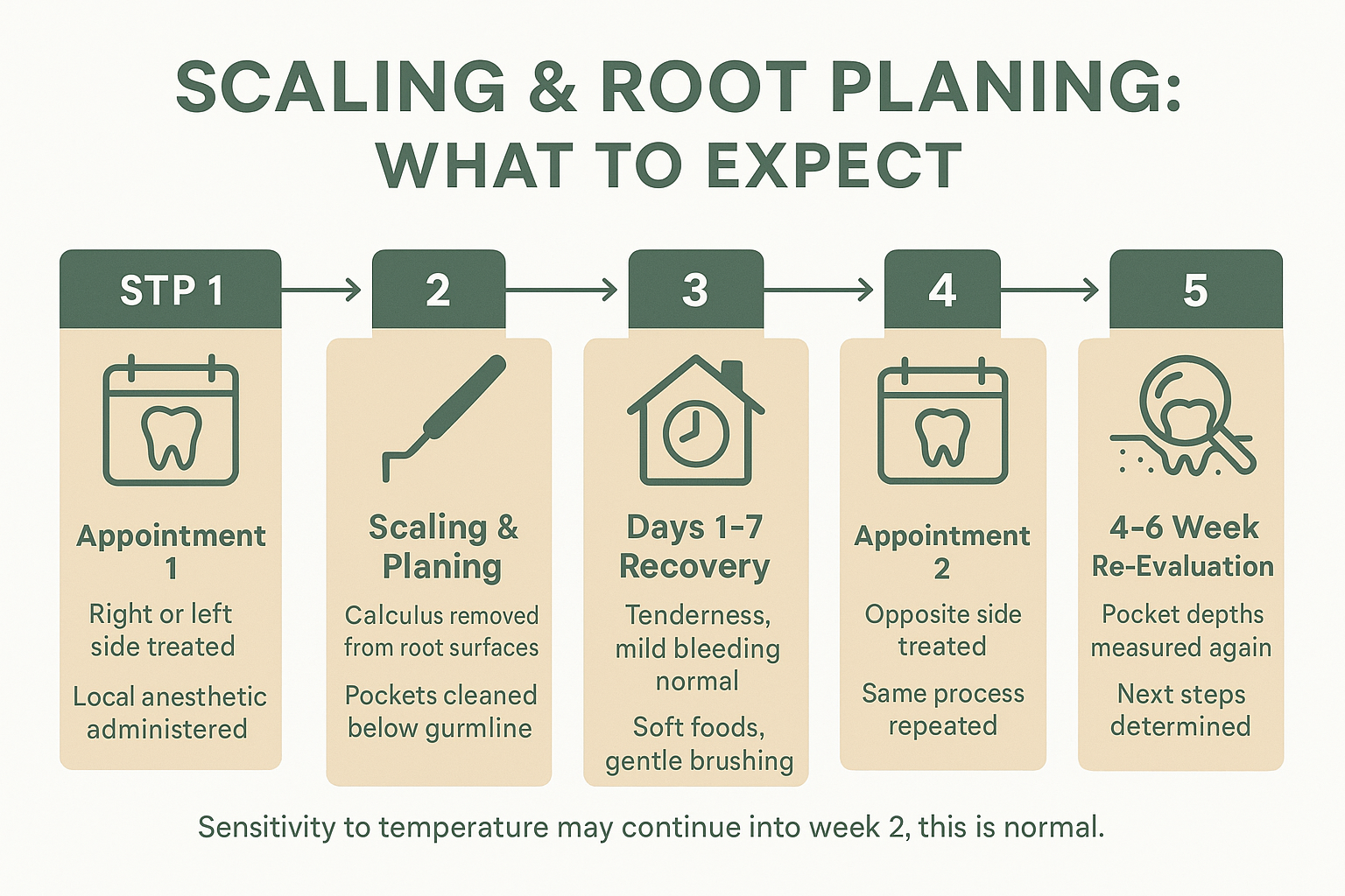 Infographic showing the five-step scaling and root planing process from first treatment appointment through the periodontal re-evaluation.