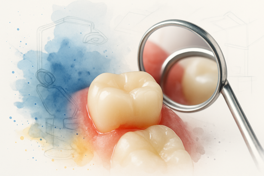 Porcelain dental crown on a molar with gumline visible in a dental operatory setting