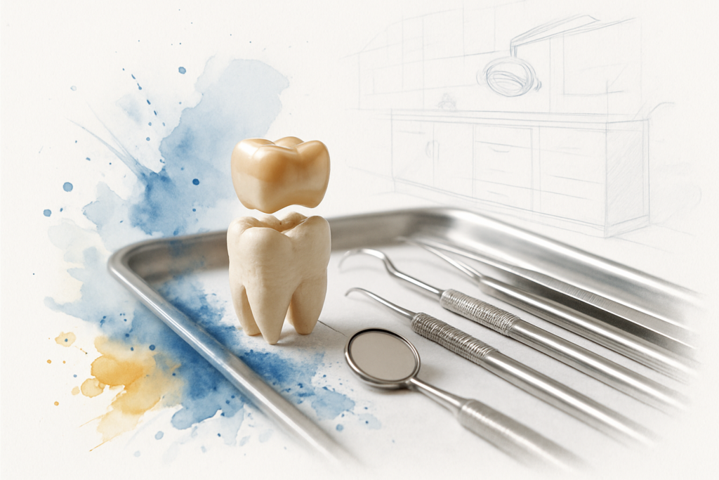 Dental crown positioned over a prepared tooth model on a clinical tray with dental instruments nearby.