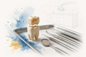 Dental crown positioned over a prepared tooth model on a clinical tray with dental instruments nearby.