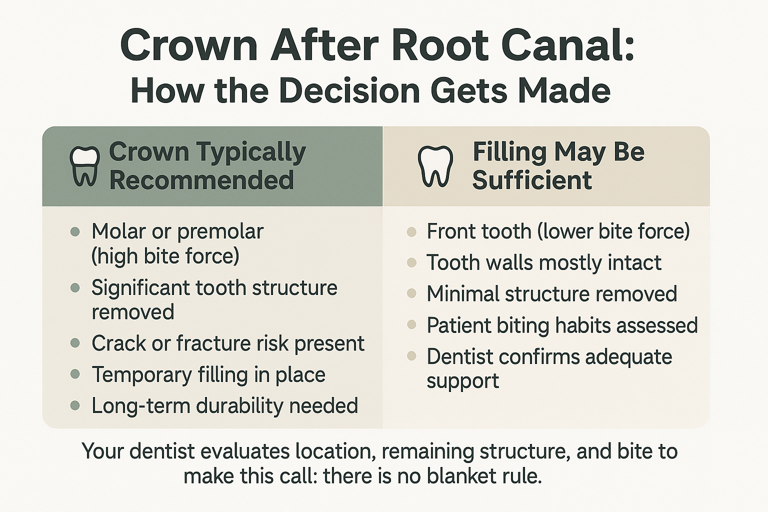 Infographic comparing when a crown is recommended versus when a filling may suffice after.