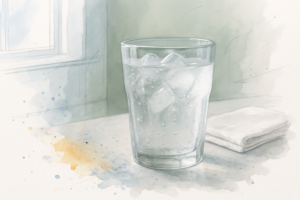 Close-up of a sweating glass of ice water on a dental office counter, the classic trigger for cold tooth sensitivity