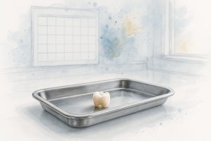 Porcelain dental crown in a steel tray on a dental office counter with a blank wall calendar behind it