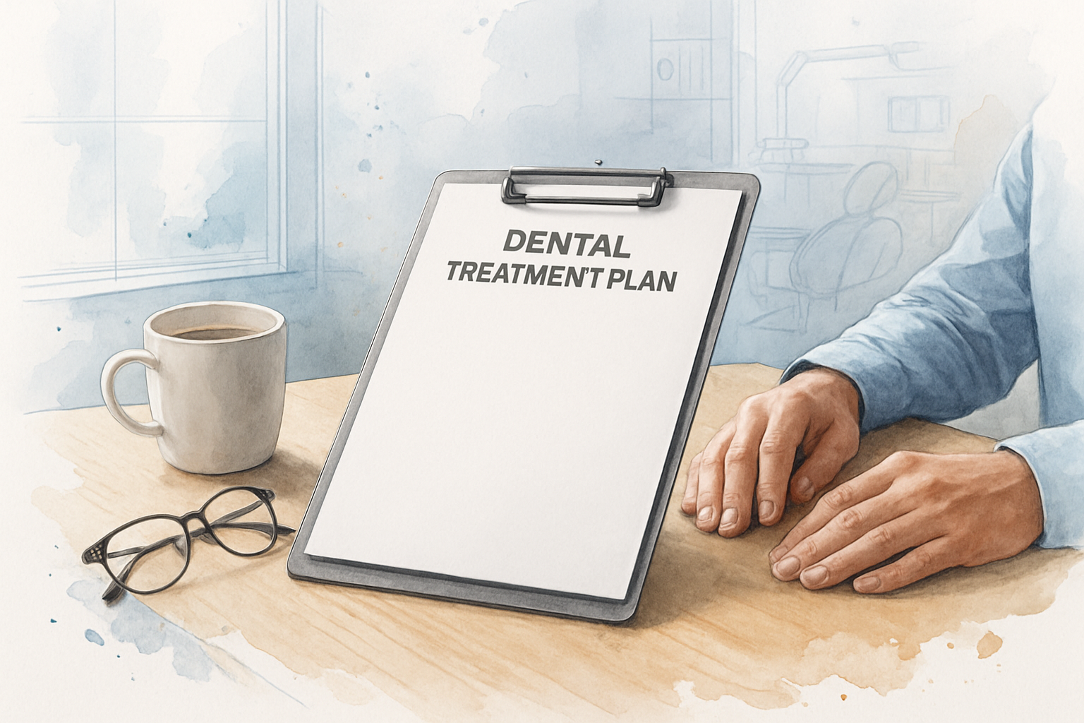 Hands resting beside a blank dental treatment plan clipboard on a reception desk