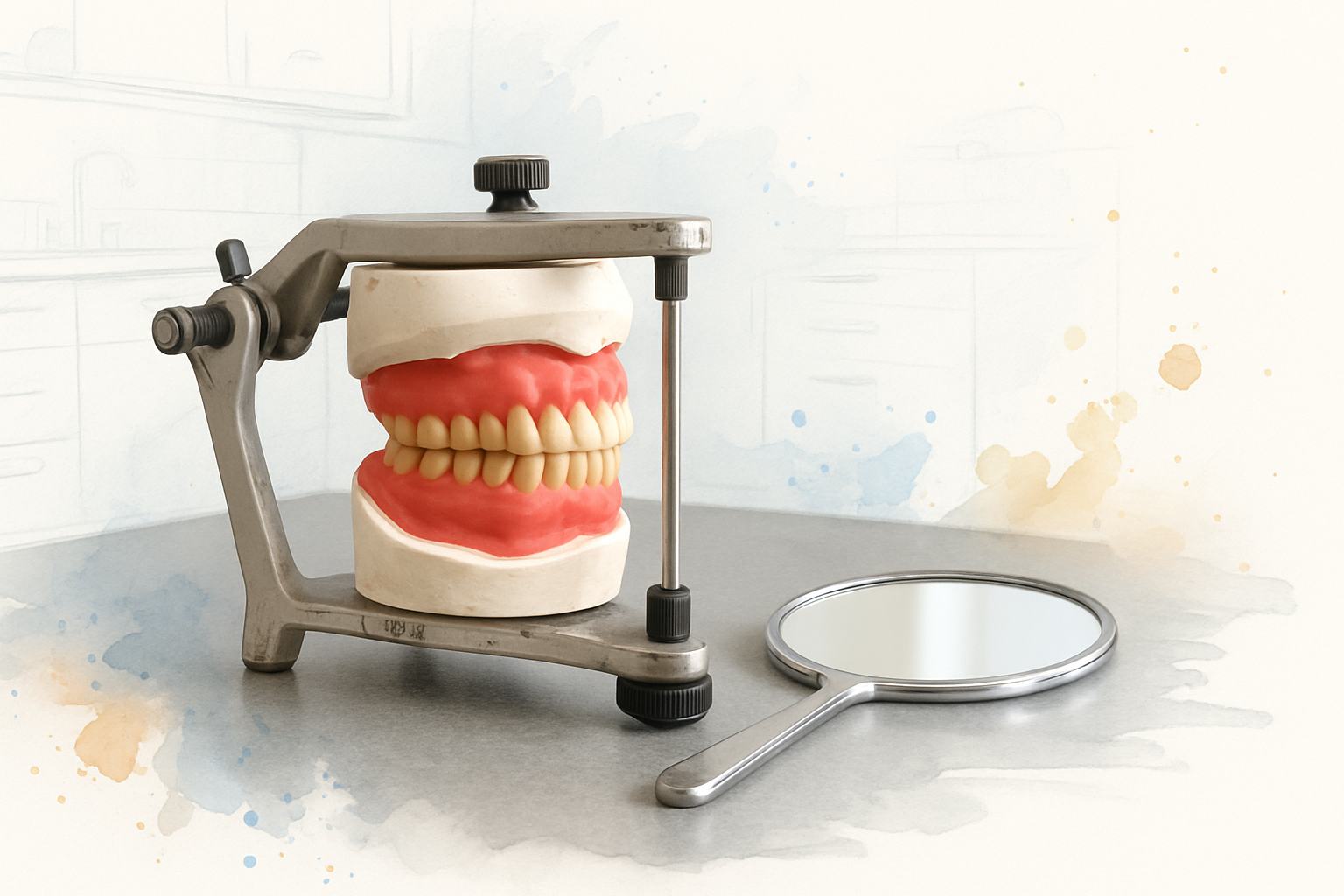 Wax denture try-in on an articulator next to a hand mirror on a dental operatory counter