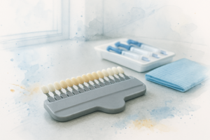 Dental shade guide fan and whitening gel syringes on a counter, used to plan in-office whitening results