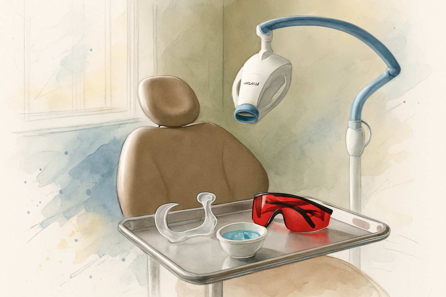 Dental operatory tray set up for an in-office whitening appointment with retractor, eyewear, and gel