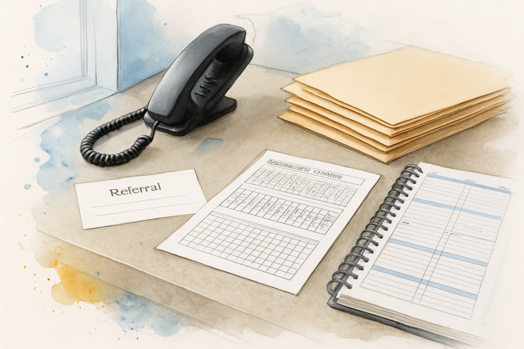 Blank referral slip and periodontal charting grid on a dental front desk beside patient folders and a lifted phone handset