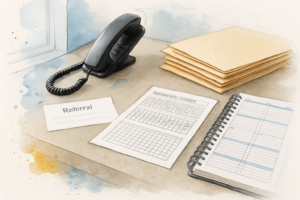 Blank referral slip and periodontal charting grid on a dental front desk beside patient folders and a lifted phone handset