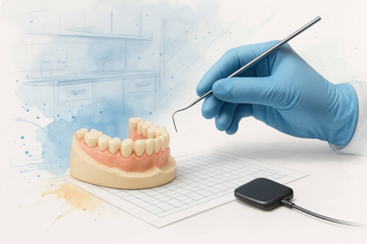 Gloved hand holding a periodontal probe beside a jaw model, blank charting grid, and digital X-ray sensor