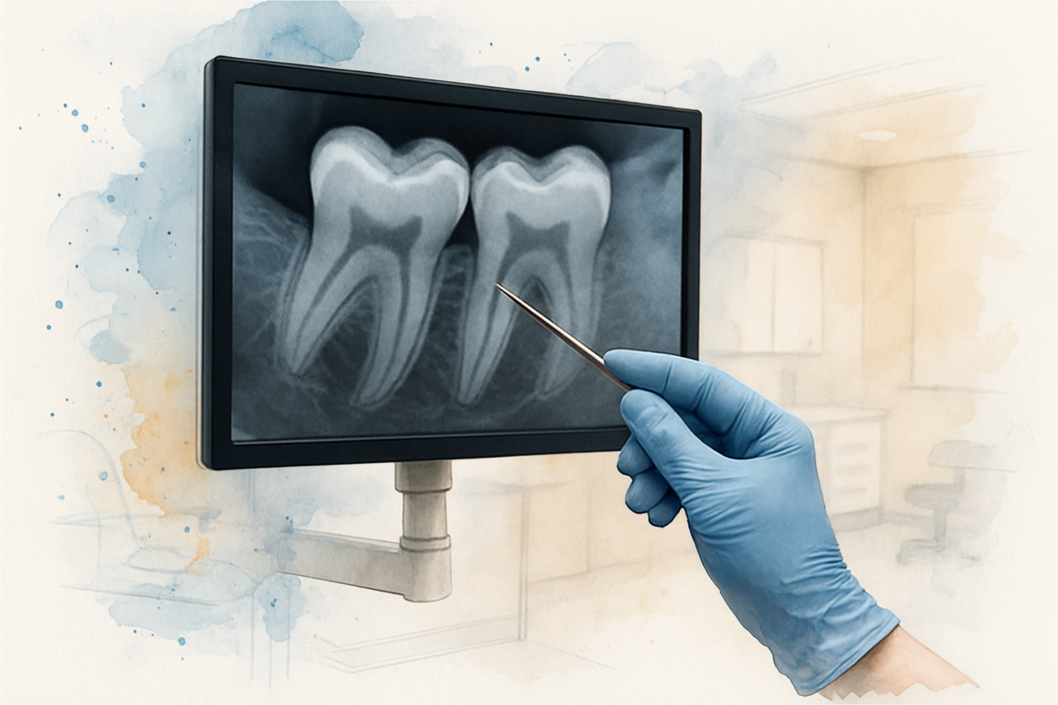 Gloved hand pointing at a curved root canal on a molar X-ray displayed on a treatment room monitor