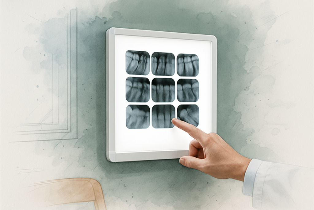 Clinician pointing at one tooth on a lit panel of dental X-rays during a dental second opinion review