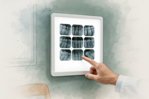 Clinician pointing at one tooth on a lit panel of dental X-rays during a dental second opinion review