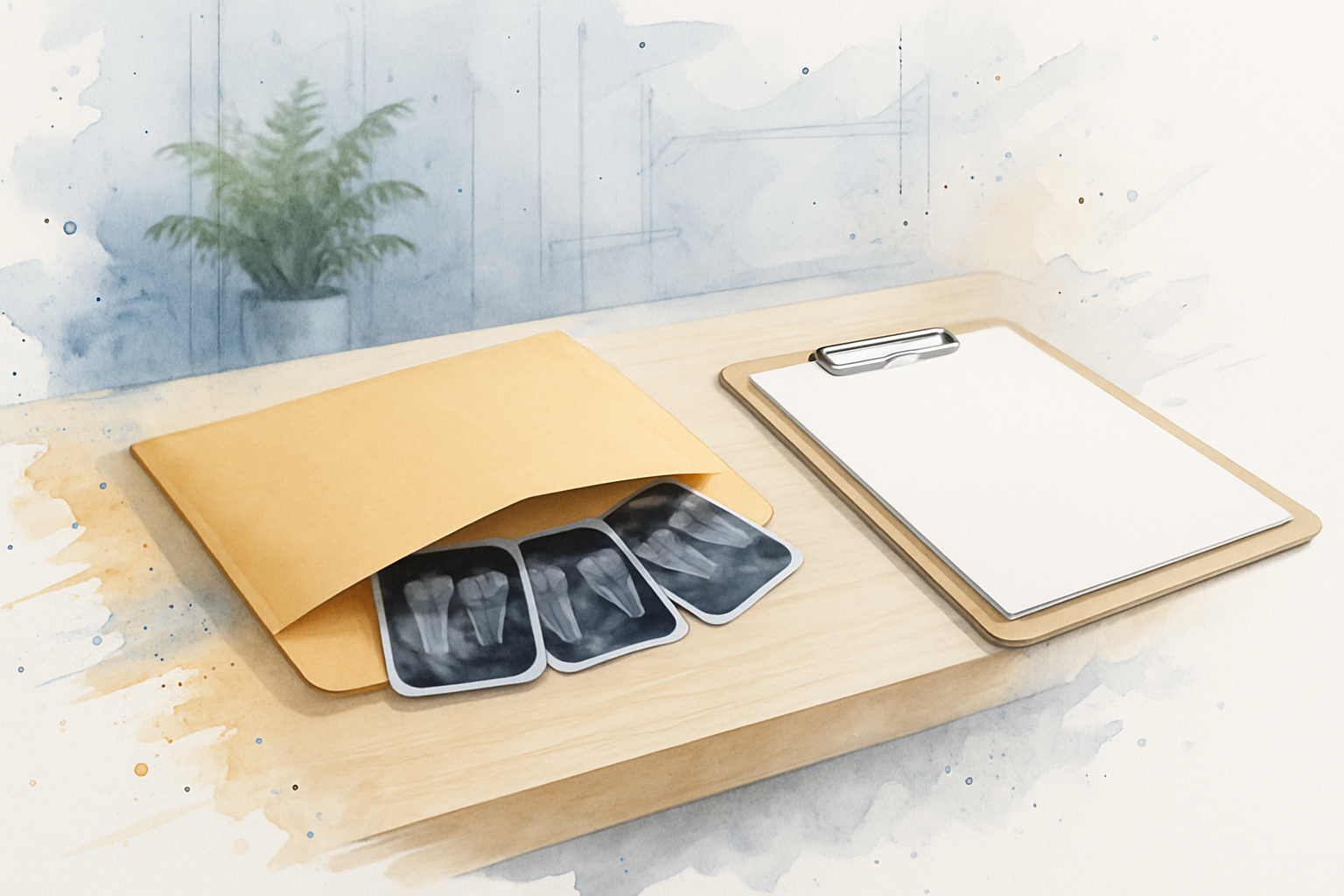 Manila records envelope with dental X-ray films sliding out on a dental office reception counter