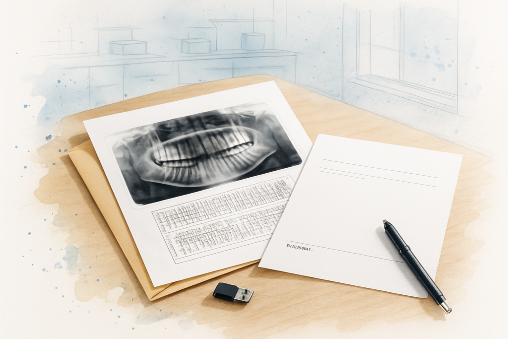 Dental records envelope with X-ray series, periodontal chart, USB drive and a signed release form on a desk