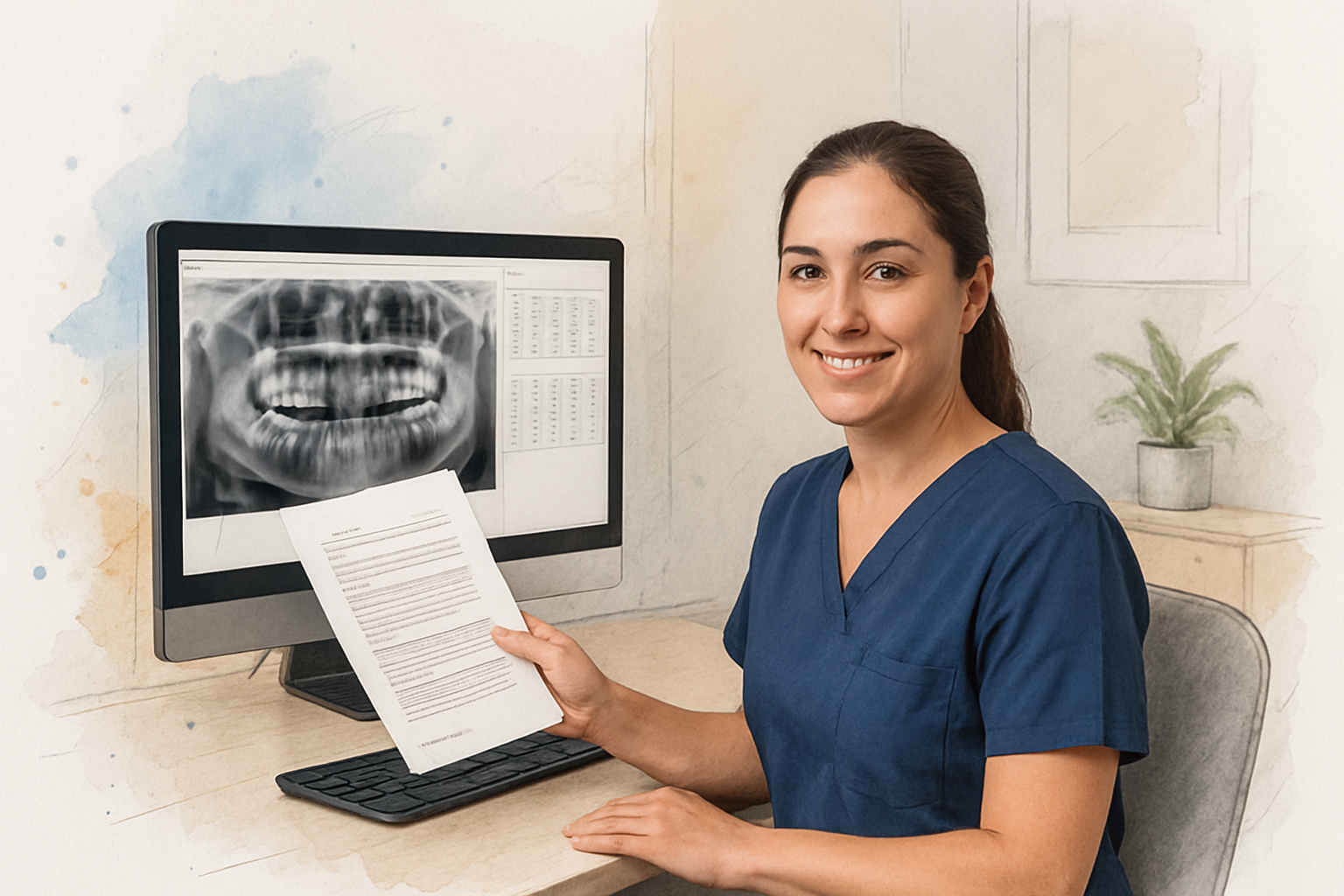 Front desk staff member reviewing transferred X-rays and a periodontal chart on a computer screen