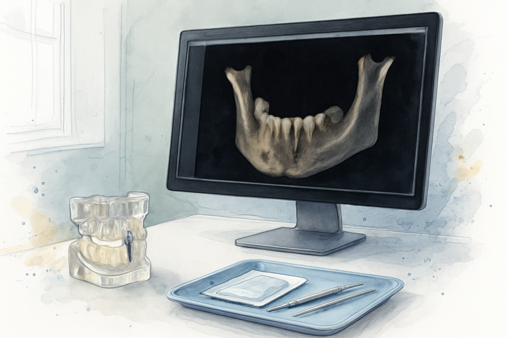 3D jaw scan on a monitor beside a jaw model with an implant post, used to plan an implant timeline with grafting