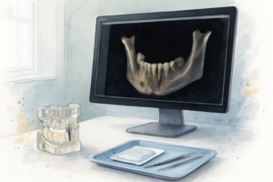 3D jaw scan on a monitor beside a jaw model with an implant post, used to plan an implant timeline with grafting