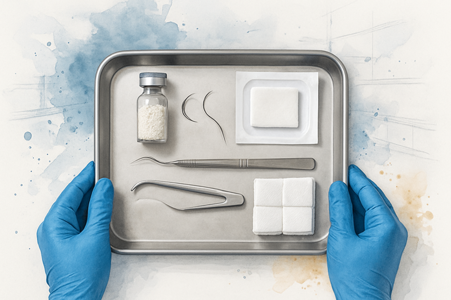 Overhead view of a surgical tray with bone graft material, collagen membrane, and instruments prepared for grafting