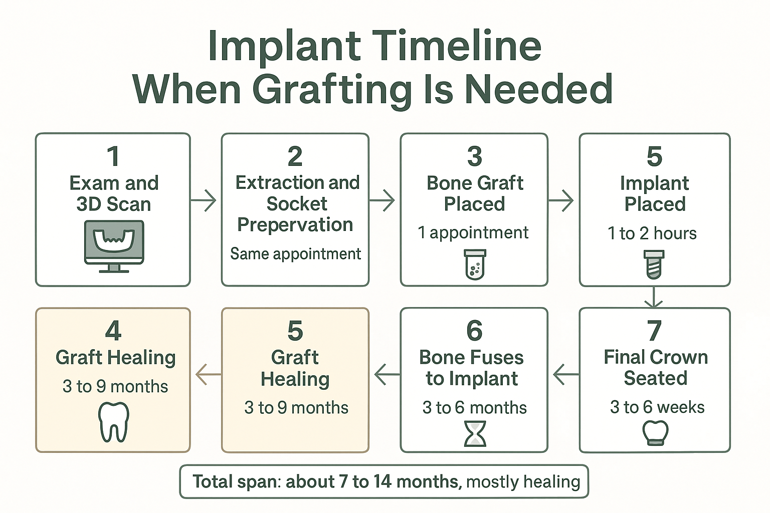 Infographic showing the seven stages of the dental implant process timeline with grafting and typical healing windows