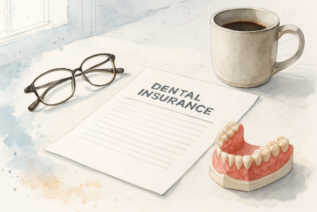 Dental benefits paperwork on a kitchen table beside reading glasses and a model of a lower jaw and gums