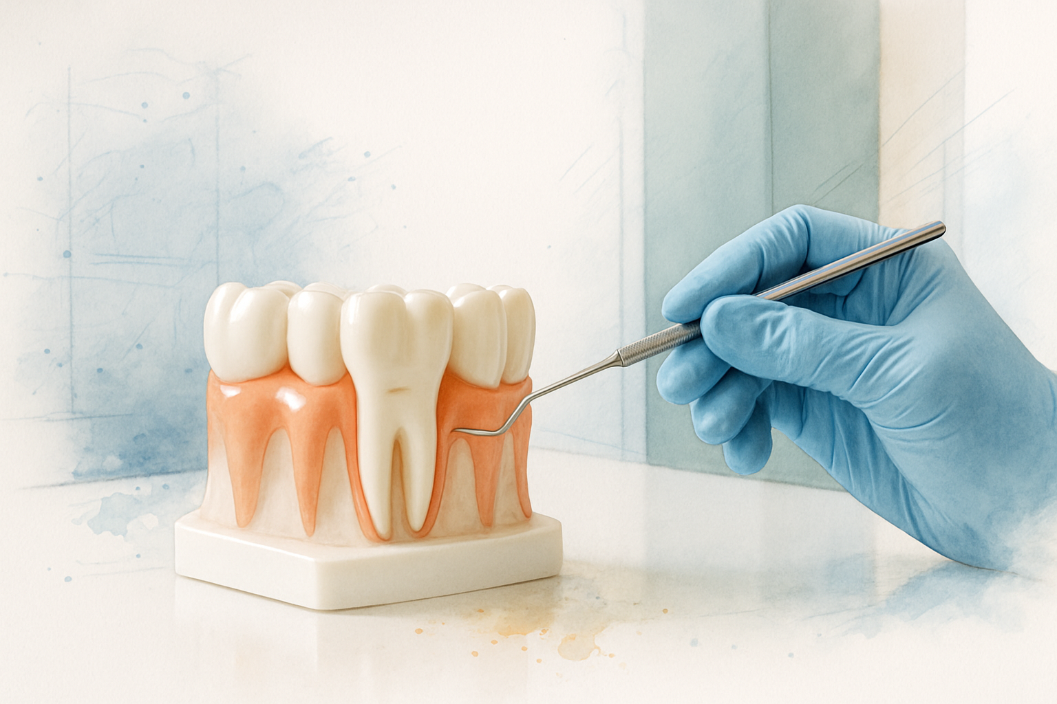 Gloved hand using a periodontal probe on a model of teeth and gums to measure pocket depth