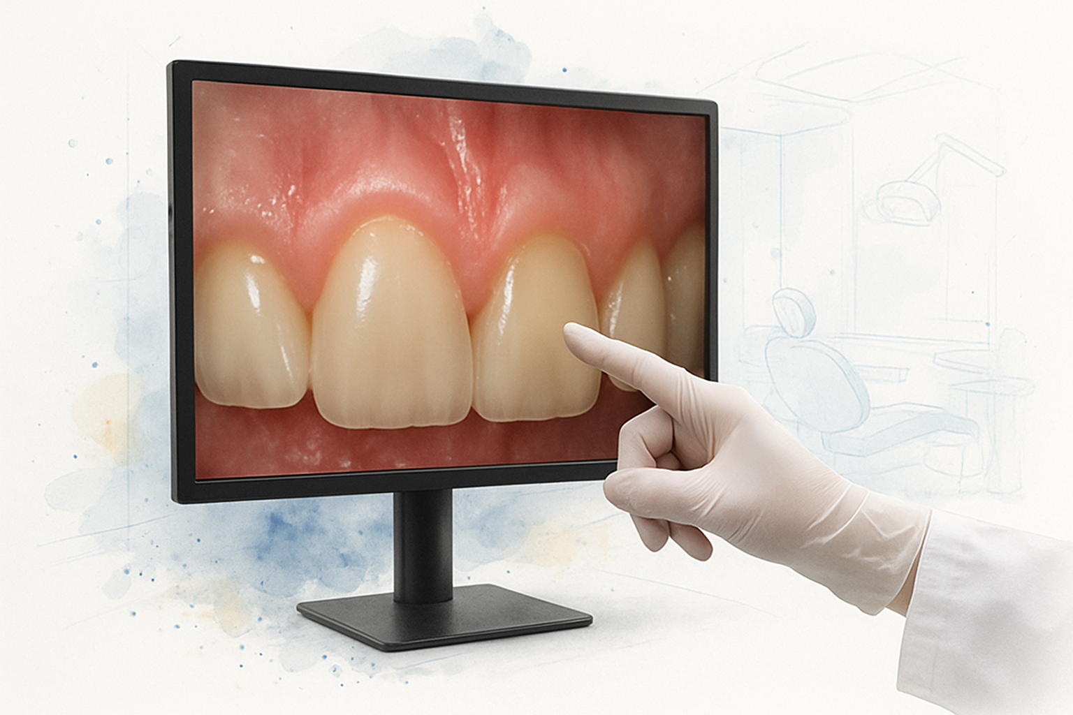 Gloved hand pointing at a chairside monitor showing a close-up photo of receded gums on lower teeth