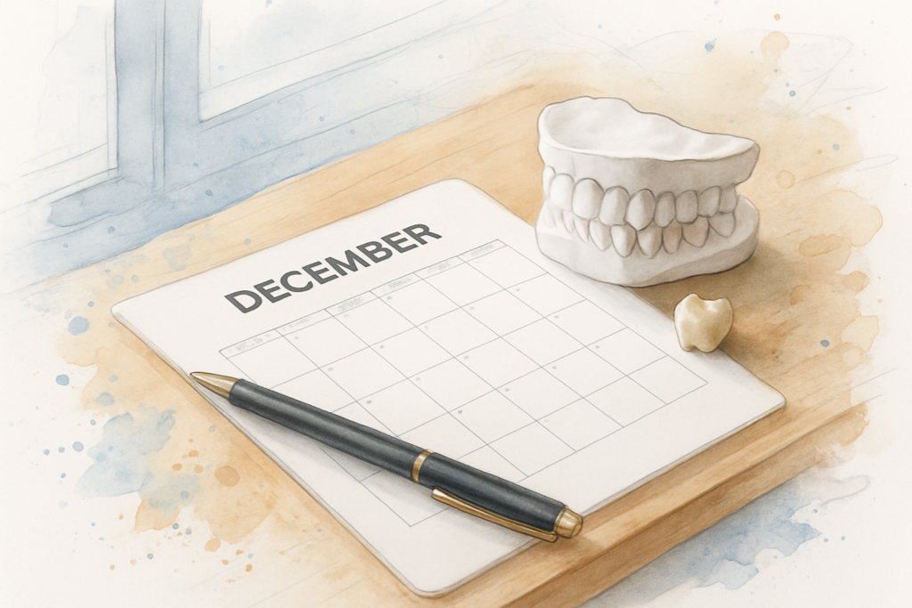 December calendar page on a dental office counter next to a tooth model and a single porcelain crown