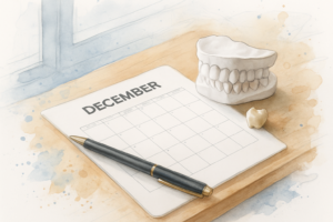 December calendar page on a dental office counter next to a tooth model and a single porcelain crown