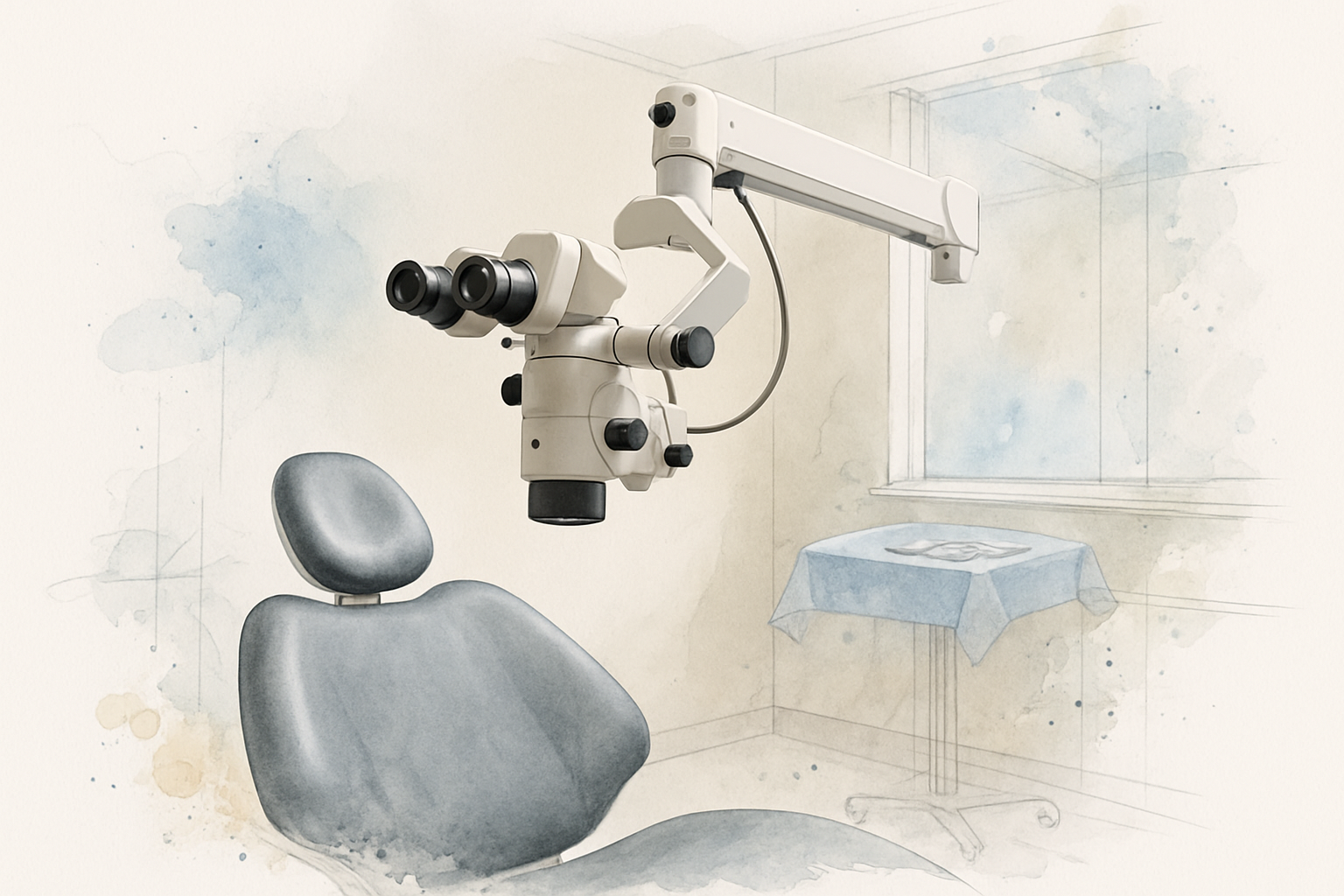 Dental operating microscope angled over an empty treatment chair in a quiet dental operatory