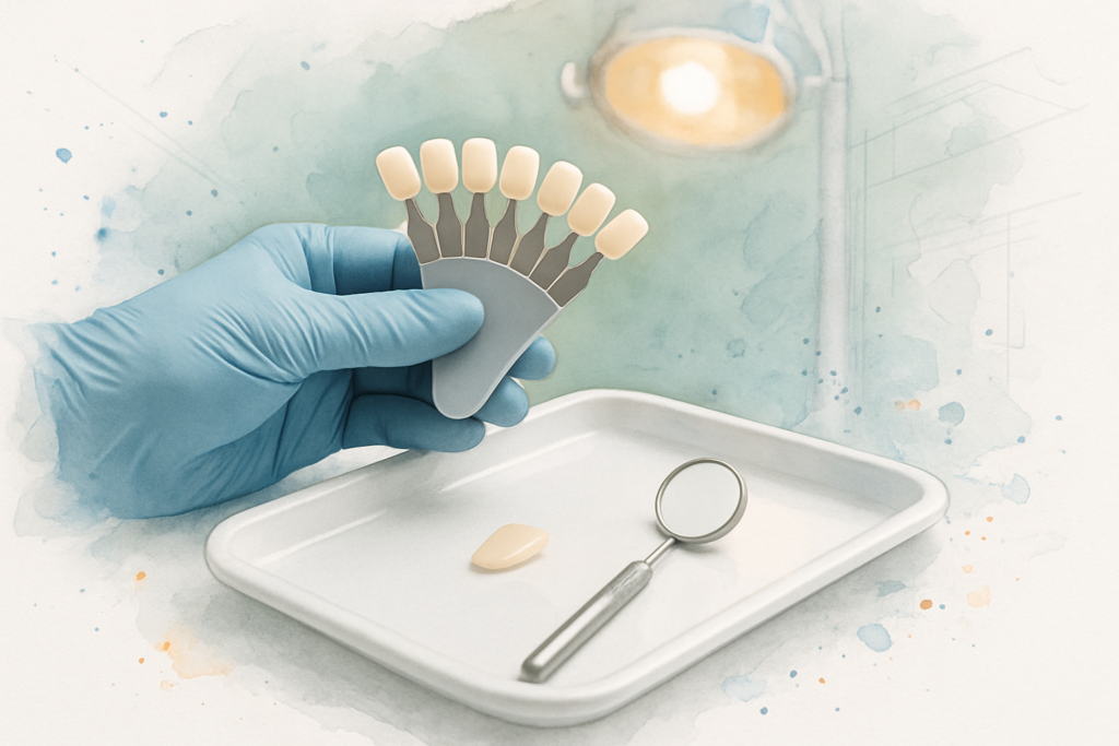 Gloved hand fanning tooth shade guide tabs over a tray holding a single porcelain veneer