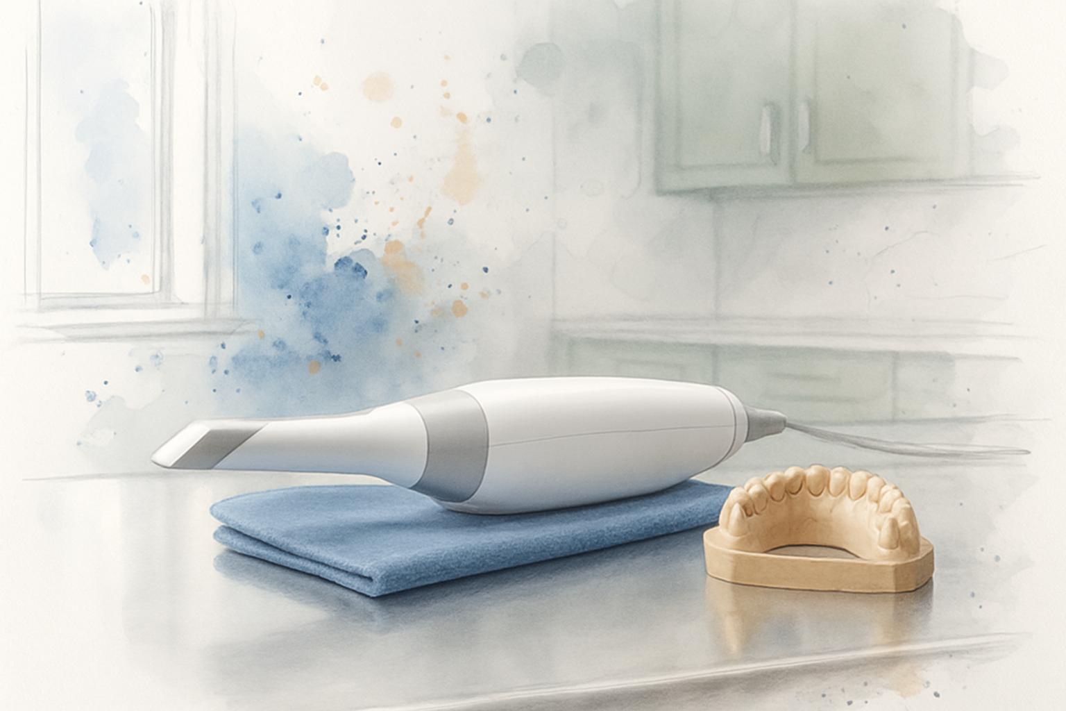 Intraoral scanner wand beside a 3D printed model of an upper dental arch on a steel counter