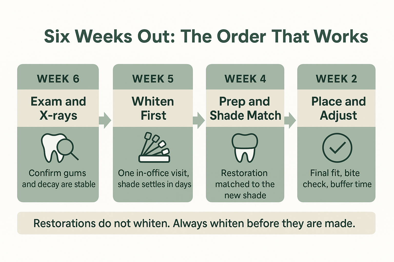 Infographic showing a six-week countdown for whitening before crowns or veneers before an event