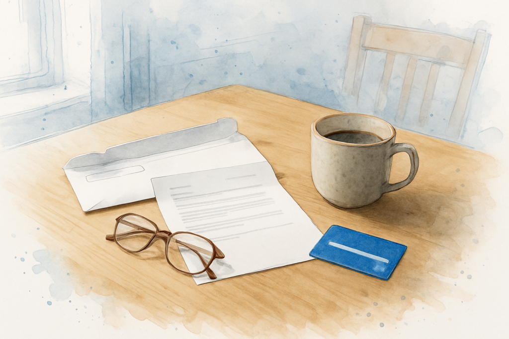 Opened state health coverage letter and a card on a kitchen table in morning light