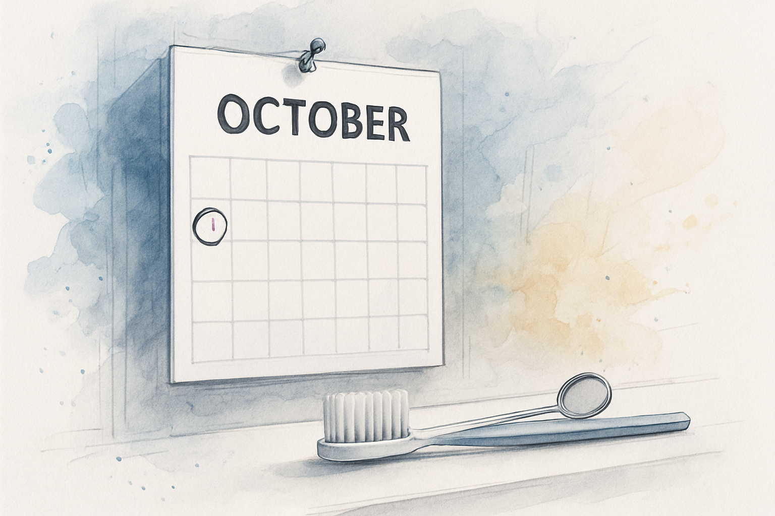 Wall calendar with the first of the month circled beside a toothbrush and dental mirror on a shelf