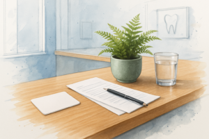 Blank dental benefits card and paperwork on a dental office reception counter in soft morning light
