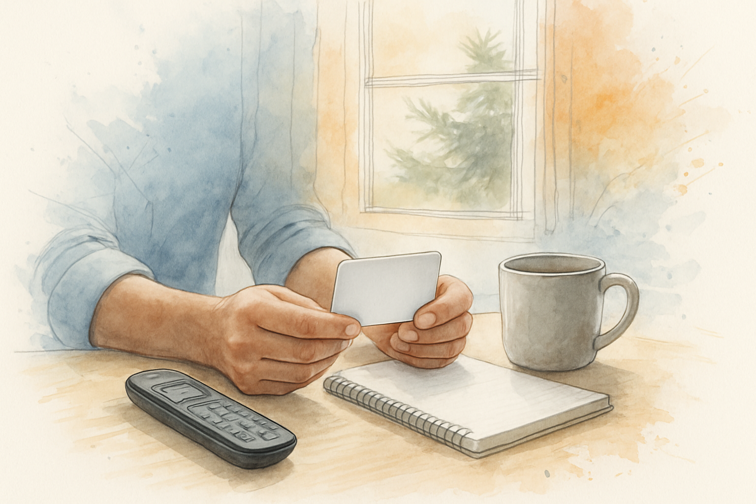 Hands holding a blank benefits card at a kitchen table beside a phone and notepad in autumn light
