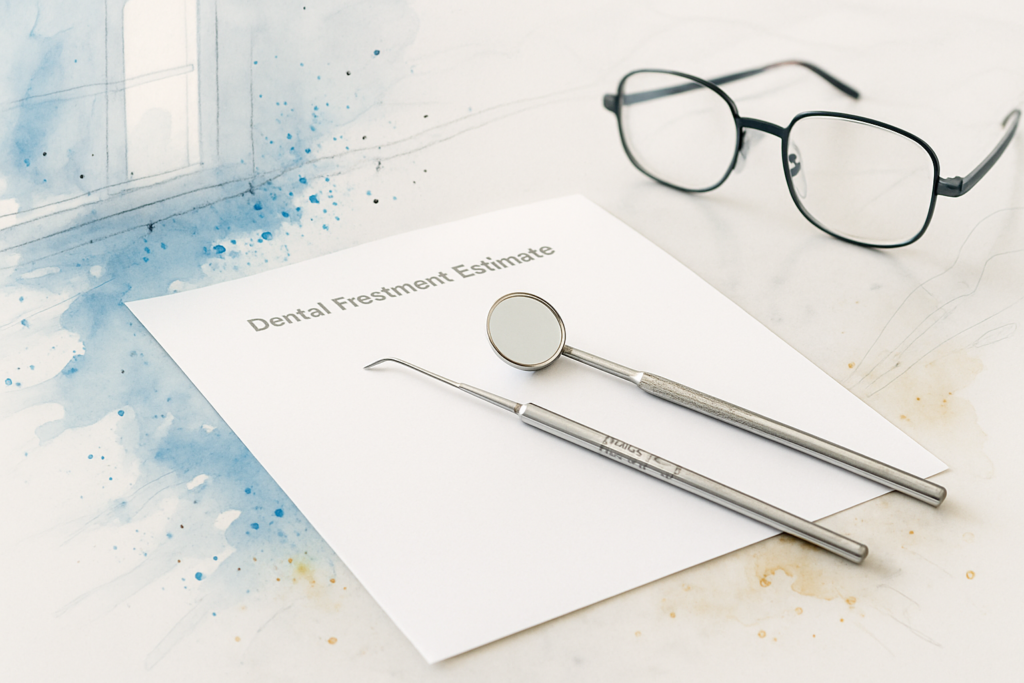 Blank dental estimate sheet on a counter next to a periodontal probe and dental mirror